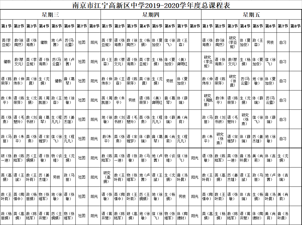 南京市江宁高新区中学2019-2020学年度总课程表